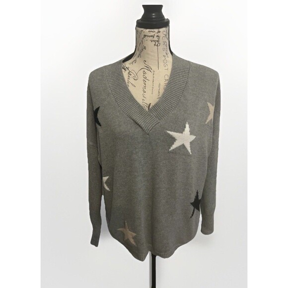 Promesa Gray V-Neck Star Sweater Small Black Tan White Stars Cozy Knit Over Size - Picture 1 of 10